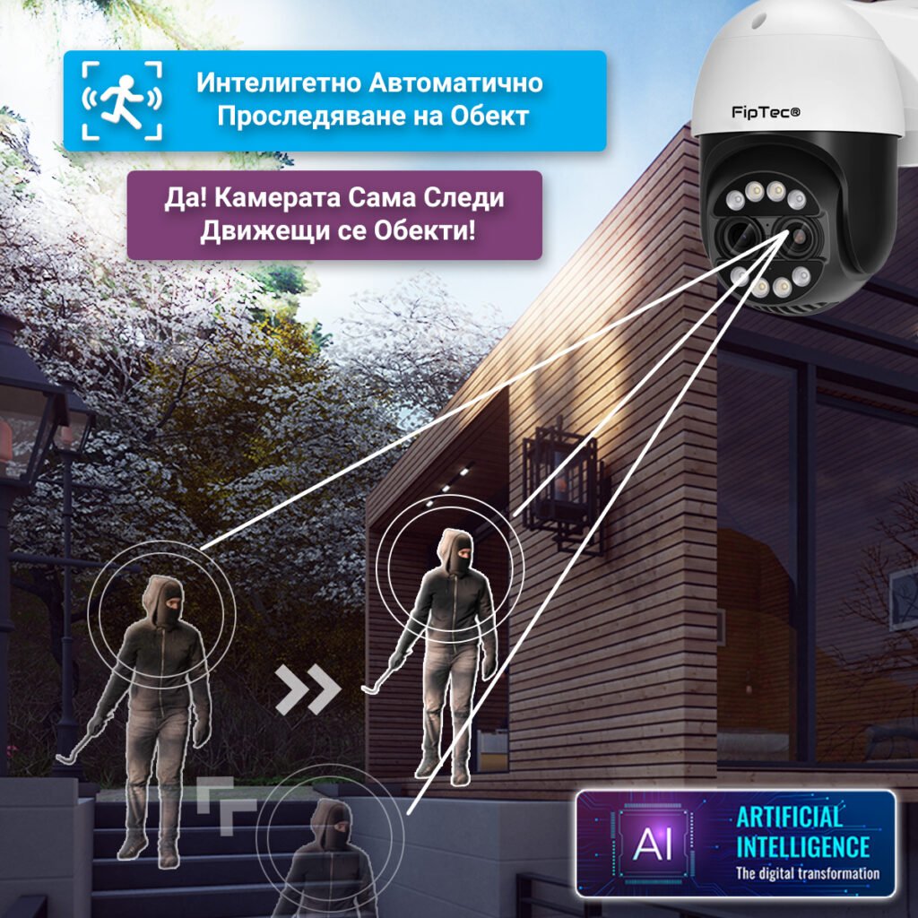 Камера за видеонаблюдение FipTec LO34 с 8х оптичен зуум и функция за следене на движение. Автоматично разпознава и проследява движещи се обекти, осигурявайки ви по-ефективно наблюдение.