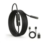 Черен кабел за ендоскопска камера с дължина 3.5 метра, включващ контролен модул и USB-C адаптер на чист бял фон, идеален за инспекция на труднодостъпни места, гарантиращ надеждна работа и вашето пълно спокойствие.
