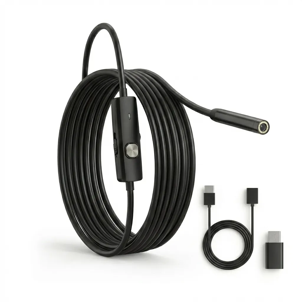 Черен кабел за ендоскопска камера с дължина 3.5 метра, включващ контролен модул и USB-C адаптер на чист бял фон, идеален за инспекция на труднодостъпни места, гарантиращ надеждна работа и вашето пълно спокойствие.