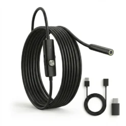 Черен кабел за ендоскопска камера с дължина 5 метра, включващ контролен модул и USB-C адаптер на чист бял фон, идеален за инспекция на труднодостъпни места, гарантиращ надеждна работа и вашето пълно спокойствие.