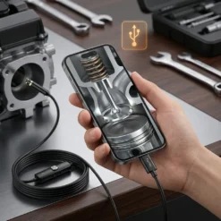 Смартфон в ръка показва детайлно изображение на клапан в цилиндър на двигател чрез ендоскопска камера FipTec, свързана с кабел, демонстрирайки прецизна техническа инспекция в професионална среда за надеждна работа и пълно спокойствие.