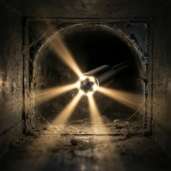 Ендоскопска камера FipTec със силно вградено LED осветление инспектира вътрешността на тъмна и прашна вентилационна тръба с паяжини, демонстрирайки способността за детайлно наблюдение в екстремни условия за вашата надеждна инспекция и пълно спокойствие.