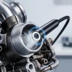 Ендоскопска камера FipTec със силно LED осветление и графичен мерник извършва прецизна техническа инспекция във вътрешността на сложен метален детайл от двигател, осигурявайки надеждна диагностика и вашето пълно спокойствие.