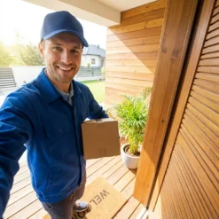 Усмихнат куриер с пратка пред входна врата, заснет през широкоъгълния обектив на смарт видео звънец FipTec. Този продукт осигурява надеждна охрана и пълно спокойствие за вашия дом чрез лесен контрол и интелигентна сигурност.