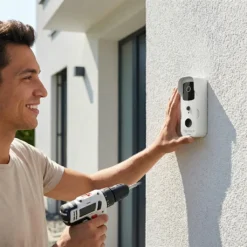 Усмихнат мъж монтира бял смарт видео звънец FipTec на външната стена на своя дом. Продуктът осигурява надеждна охрана на входа и пълно спокойствие чрез лесен контрол и интелигентна сигурност.