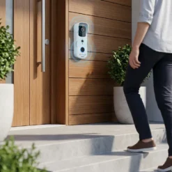 Бял смарт видео звънец FipTec, монтиран до входна врата, показващ детекция на движение при приближаване на човек. Този продукт осигурява надеждна охрана и пълно спокойствие за вашия дом чрез интелигентен контрол.