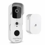 Бял смарт видео звънец FipTec с вътрешно тяло, представен на изчистен бял фон. Продуктът осигурява надеждна охрана на входа и интелигентна сигурност за вашето пълно спокойствие чрез лесен контрол.