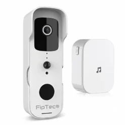 Бял смарт видео звънец FipTec с вътрешно тяло, представен на изчистен бял фон. Продуктът осигурява надеждна охрана на входа и интелигентна сигурност за вашето пълно спокойствие чрез лесен контрол.