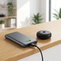 Дискретна мини WiFi камера FipTec LM07-Pro, свързана към външна батерия върху дървена повърхност, гарантираща дълготрайна охрана и сигурност за вашия дом с изключително лесен контрол.