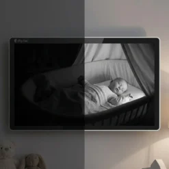 Екран, показващ сравнение на нощно виждане от смарт бебефон FipTec, на който се вижда ясно спящо бебе в кошара, гарантирайки денонощна сигурност и пълно спокойствие за родителите.