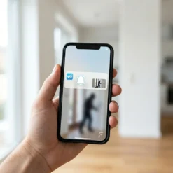 Ръка държи смартфон с активно известие за движение от приложението FipTec, осигурявайки надеждна защита и лесен контрол над дома за вашето пълно спокойствие и ежедневна сигурност.