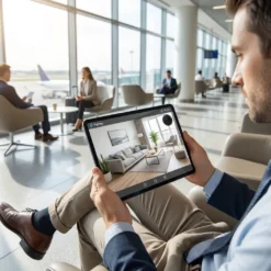 Мъж на летище наблюдава дома си в реално време през таблет с WiFi камера FipTec, осигурявайки си спокойствие и сигурна защита на имуществото дори по време на път.