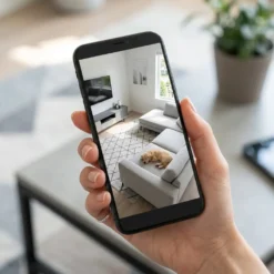 Смартфон в ръка показва видео на живо от WiFi камера FipTec, на което се вижда спящо кученце, осигурявайки лесен контрол и спокойствие за вашите любимци и дома.