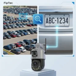 Външна двойна Wi-Fi камера FipTec LO38, показваща детайлно приближение на регистрационен номер на паркинг чрез мощен оптичен зуум. Осигурете си кристална яснота и надеждна защита за вашето имущество и спокойствие.