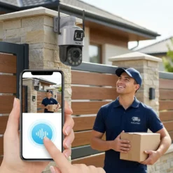 Външна Wi-Fi камера FipTec LO38 наблюдава куриер пред входа, докато собственикът разговаря с него през смартфона си. Сигурност за вашите доставки и лесен контрол за пълно спокойствие.