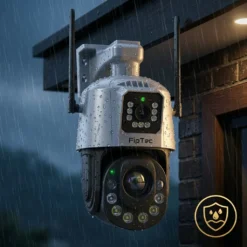 Външна Wi-Fi камера FipTec LO38 с водоустойчив корпус, работеща безпроблемно под силен дъжд. Осигурява надеждна защита при всякакви метеорологични условия за вашето пълно спокойствие и сигурност.