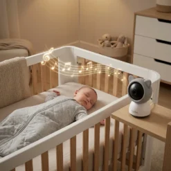 Смарт бебефон FipTec с форма на котка наблюдава спящо бебе в уютна детска стая. Видими са светещи ноти, които показват как камерата възпроизвежда приспивни песни за спокоен сън. Тази безжична охрана осигурява защита и ежедневно спокойствие за цялото семейство.