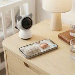 Смарт бебефон FipTec с дизайн на коте, разположен върху дървено нощно шкафче до смартфон, показващ спящо бебе. Тази дискретна Wi-Fi камера гарантира пълно спокойствие и лесен родителски контрол.