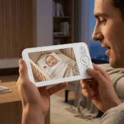 Баща наблюдава спящото си бебе през дисплея на смарт видео бебефон FipTec в уютна домашна среда. Продуктът предлага дискретна защита и пълно спокойствие за всеки родител чрез лесен контрол.