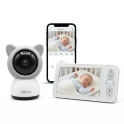 Комплект смарт видео бебефон FipTec на бял фон: Wi-Fi камера с дизайн на котка, родителски монитор и смартфон с приложение, показващи спящо бебе. Дискретна защита и пълно спокойствие.