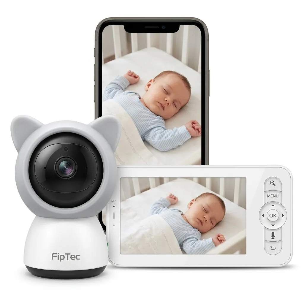 Комплект смарт видео бебефон FipTec на бял фон: Wi-Fi камера с дизайн на котка, родителски монитор и смартфон с приложение, показващи спящо бебе. Дискретна защита и пълно спокойствие.