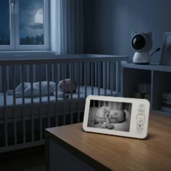 Видео бебефон FipTec с нощно виждане показва спящо бебе на родителския монитор, докато камерата-коте наблюдава дискретно от рафта. Осигурете си надеждна защита и пълно спокойствие с лесен контрол през цялата нощ.