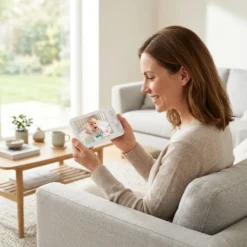 Усмихната майка държи дисплея на смарт видео бебефон FipTec в светла всекидневна, наблюдавайки своето щастливо бебе. Този надежден бебефон осигурява дискретна сигурност и ежедневно спокойствие за цялото семейство.