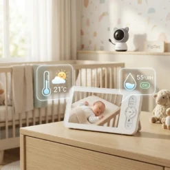 Смарт видео бебефон FipTec в детска стая, показващ температура, влажност и спящо бебе. Дискретната камера-коте осигурява надеждна защита и пълно спокойствие за родителите чрез лесен смарт контрол.