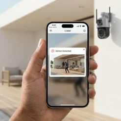 Смартфон с мобилно приложение, показващо известие за засичане на движение от външна Wi-Fi камера FipTec LO38. Осигурете си мигновена защита и лесен контрол за вашето пълно спокойствие.
