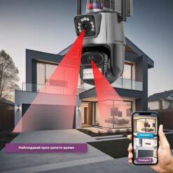 2в1 камера за наблюдение FipTec LO23 с двойна камера за разширен ъгъл на видимост и светлинна и звукова аларма. Двата обектива осигуряват по-широко покритие, елиминирайки 