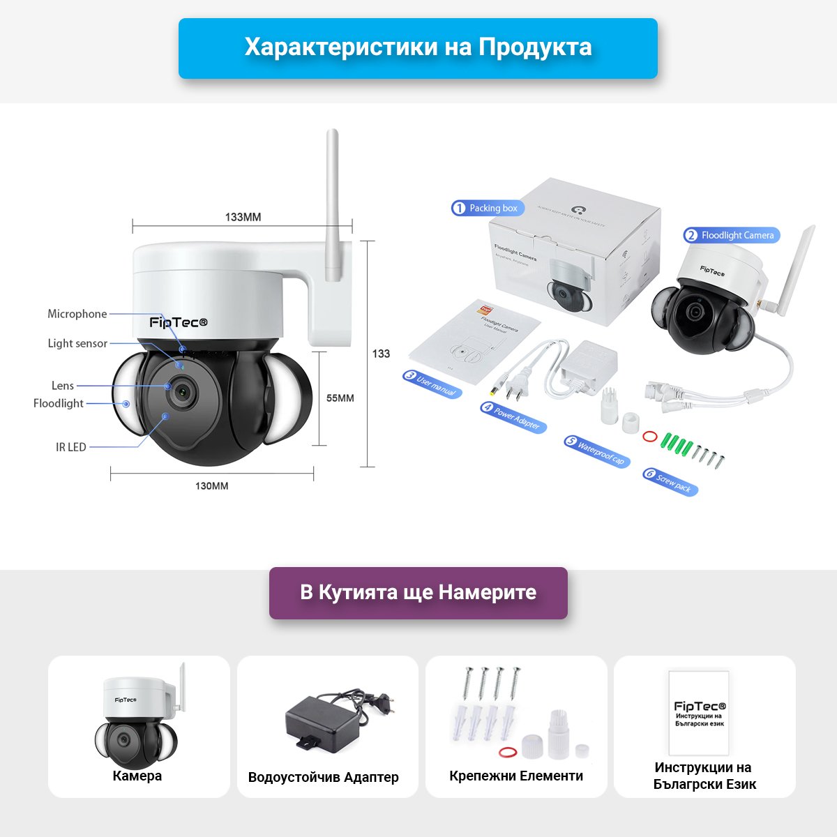 Диаграма на камера FipTec TF25: 5MP, Floodlight, авт. проследяване, двупосочно аудио, IP65 защита, microSD слот. Висококачествена и многофункционална охранителна камера.