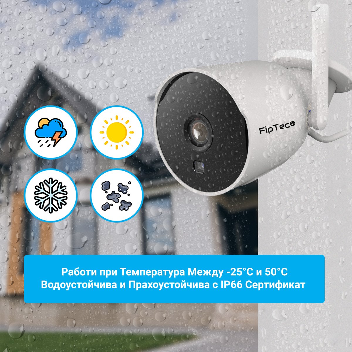 Камера за наблюдение FipTec FT12 тип "Bullet" - водоустойчива, с IP защита. Надеждна работа при всякакви метеорологични условия.