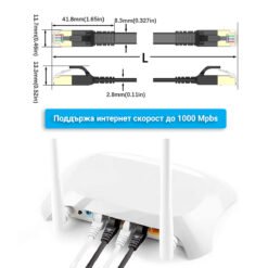 Плосък LAN кабел FipTec с RJ45 конектори. Този кабел е идеален за свързване на устройства към интернет, като същевременно поддържа изчистен и подреден вид, благодарение на плоския си дизайн.