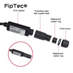 POE LAN адаптер FipTec - всички части, включващи мъжки и женски накрайник с разклонения за захранване и RJ45 букси. Комплектът предлага цялостно решение за POE захранване на съвместими мрежови устройства.