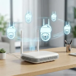 8-канален NVR FipTec на бюро, илюстриращ безжична връзка с WiFi камери за цялостна охрана. Осигурете си дискретна защита и пълно спокойствие с лесен контрол.