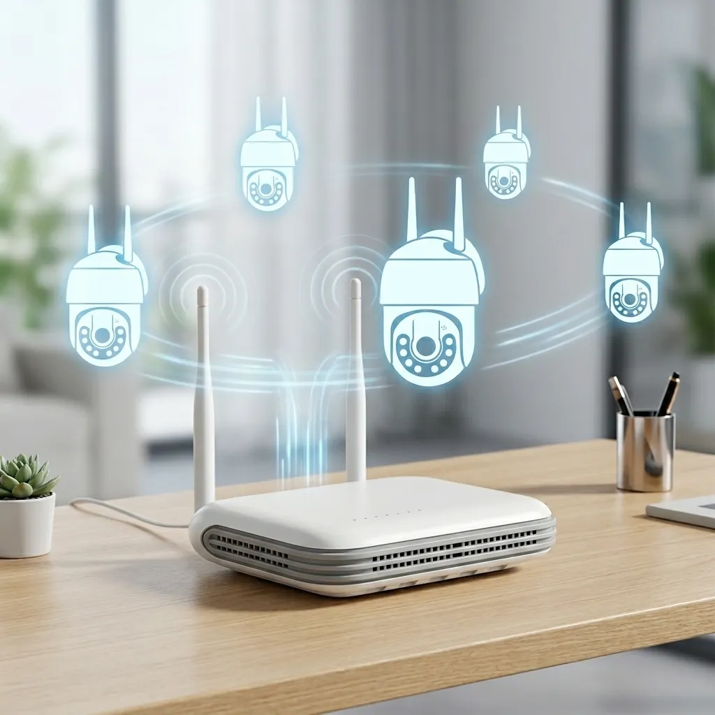 8-канален NVR FipTec на бюро, илюстриращ безжична връзка с WiFi камери за цялостна охрана. Осигурете си дискретна защита и пълно спокойствие с лесен контрол.