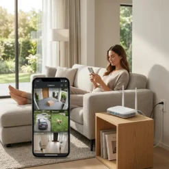 Млада жена релаксира на дивана, докато наблюдава дома си чрез мобилното приложение на FipTec и безжичен NVR рекордер. Осигурете си дискретна защита и пълно спокойствие с лесен контрол.