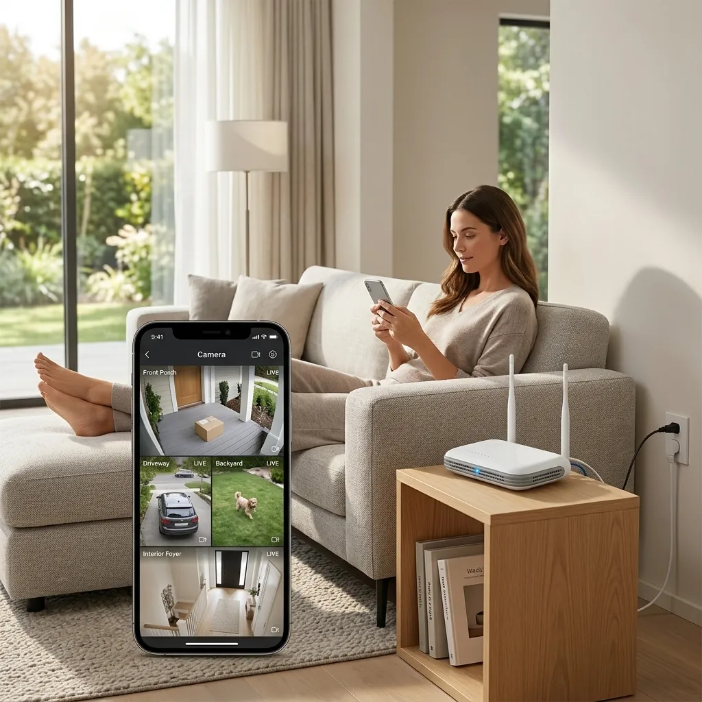 Млада жена релаксира на дивана, докато наблюдава дома си чрез мобилното приложение на FipTec и безжичен NVR рекордер. Осигурете си дискретна защита и пълно спокойствие с лесен контрол.