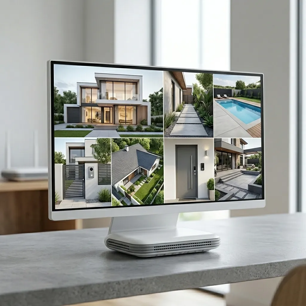 Монитор, показващ излъчване в реално време от осем WiFi камери към NVR FipTec, обхващащ двора и входовете на къщата. Осигурете си дискретна защита и пълно спокойствие с лесен контрол.