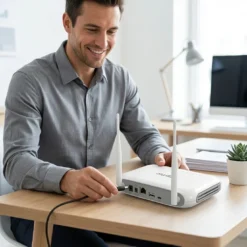 Усмихнат мъж лесно включва захранващия кабел на своя 8-канален NVR FipTec за безжични WiFi камери върху офис бюро. Насладете се на сигурност и пълно спокойствие с лесен контрол.