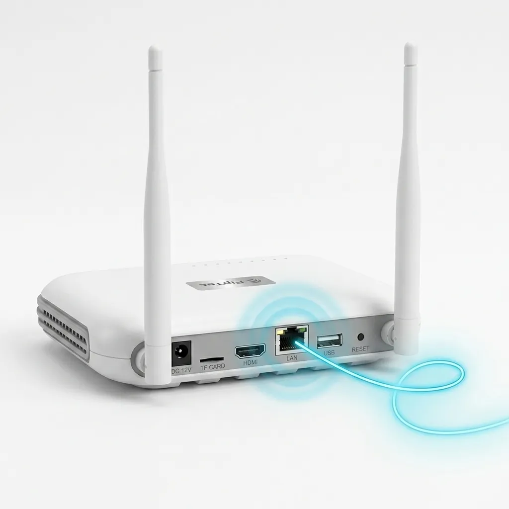 Изглед отзад на 8-канален NVR FipTec, показващ портовете за захранване, TF карта, HDMI, LAN и USB за бърза инсталация. Осигурете си надеждна защита и пълно спокойствие с лесен контрол.