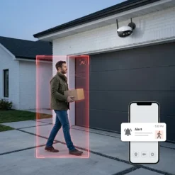Външна панорамна камера FipTec LO18 засича човек пред гараж чрез AI технология и изпраща незабавно известие на смартфон, гарантирайки надеждна защита и спокойствие за вашия дом чрез лесен контрол.