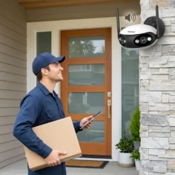 Доставчик с пратка пред входната врата комуникира през панорамната външна камера FipTec LO18 с двустранно аудио, гарантирайки пълна сигурност и лесен контрол за вашето пълно спокойствие.