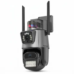 Двойна Wi-Fi камера FipTec LO23 с два обектива и вградена светлинна аларма на бял фон. Тази мощна външна камера осигурява максимална защита и пълно спокойствие за вашия дом и семейство.