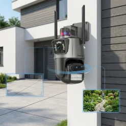 Двойна външна WiFi камера FipTec LO23, монтирана на фасада на модерна къща. Системата предлага надеждна защита и интелигентно наблюдение на двора и градината за вашето пълно спокойствие и сигурност.