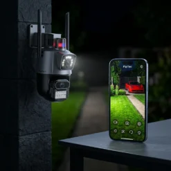 Двойна WiFi камера FipTec LO23 с цветно нощно виждане, представена чрез мобилно приложение на смартфон. Осигурете си лесен контрол и надеждна защита за дома и автомобила си с кристална картина.
