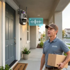 Външна WiFi камера FipTec LO23 с двупосочно аудио, чрез която собственикът комуникира с куриер пред входната врата. Осигурете си лесен контрол и дискретна защита за пълно спокойствие във вашия дом.