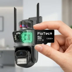 Ръка държи MicroSD карта памет FipTec от 128GB пред двойна WiFi камера LO23. Изображението показва защитено локално съхранение на записи за вашата дискретна сигурност и пълно спокойствие.