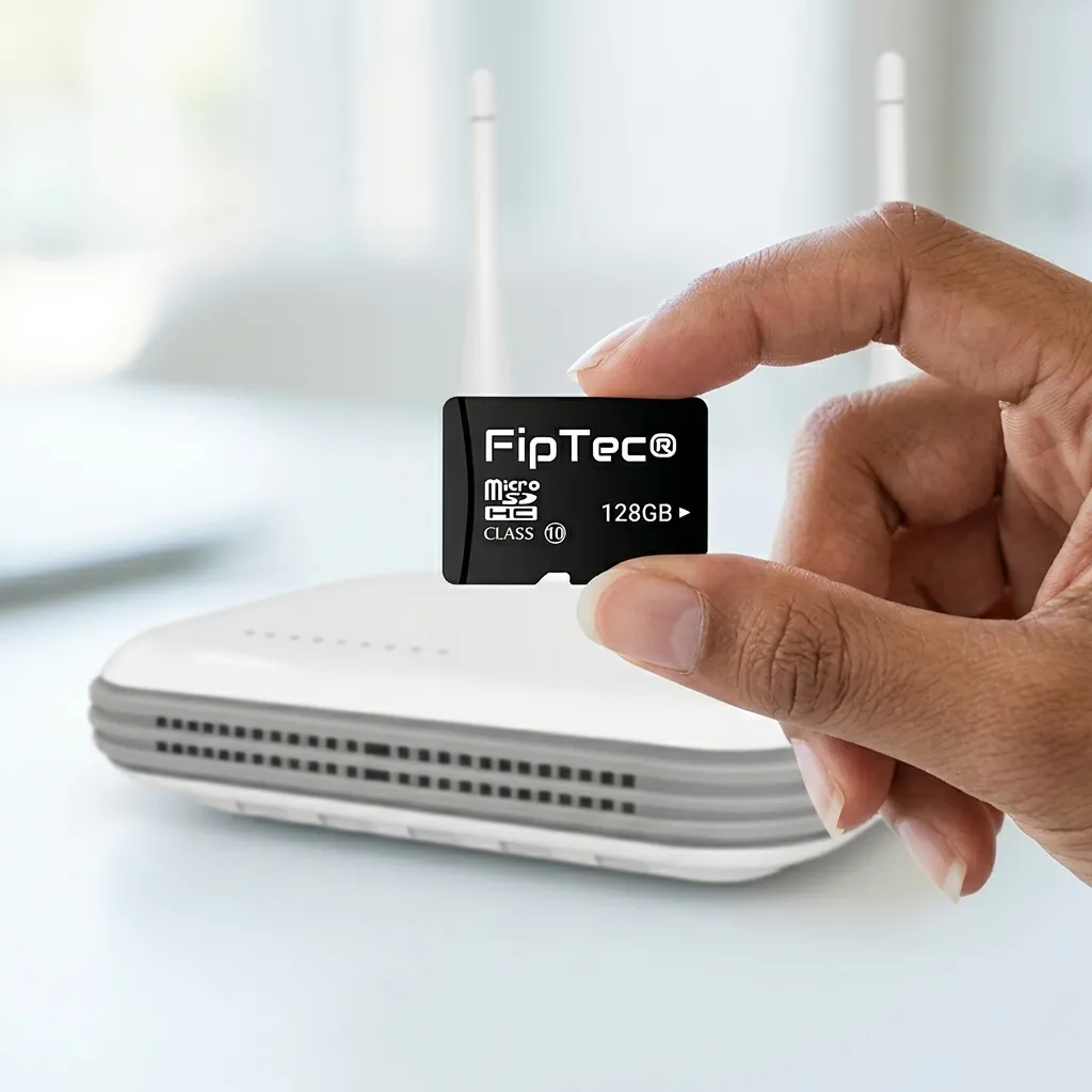 Ръка държи 128GB Micro SD карта памет с логото на FipTec пред 8-канален безжичен NVR рекордер за съхранение на видеозаписи. Осигурете си надеждна защита и пълно спокойствие с лесен контрол.