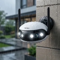 Водоустойчива панорамна WiFi камера FipTec с двоен обектив, монтирана на външна стена в дъждовно време, осигуряваща надеждна защита и пълно спокойствие при всякакви метеорологични условия за вашата сигурност.